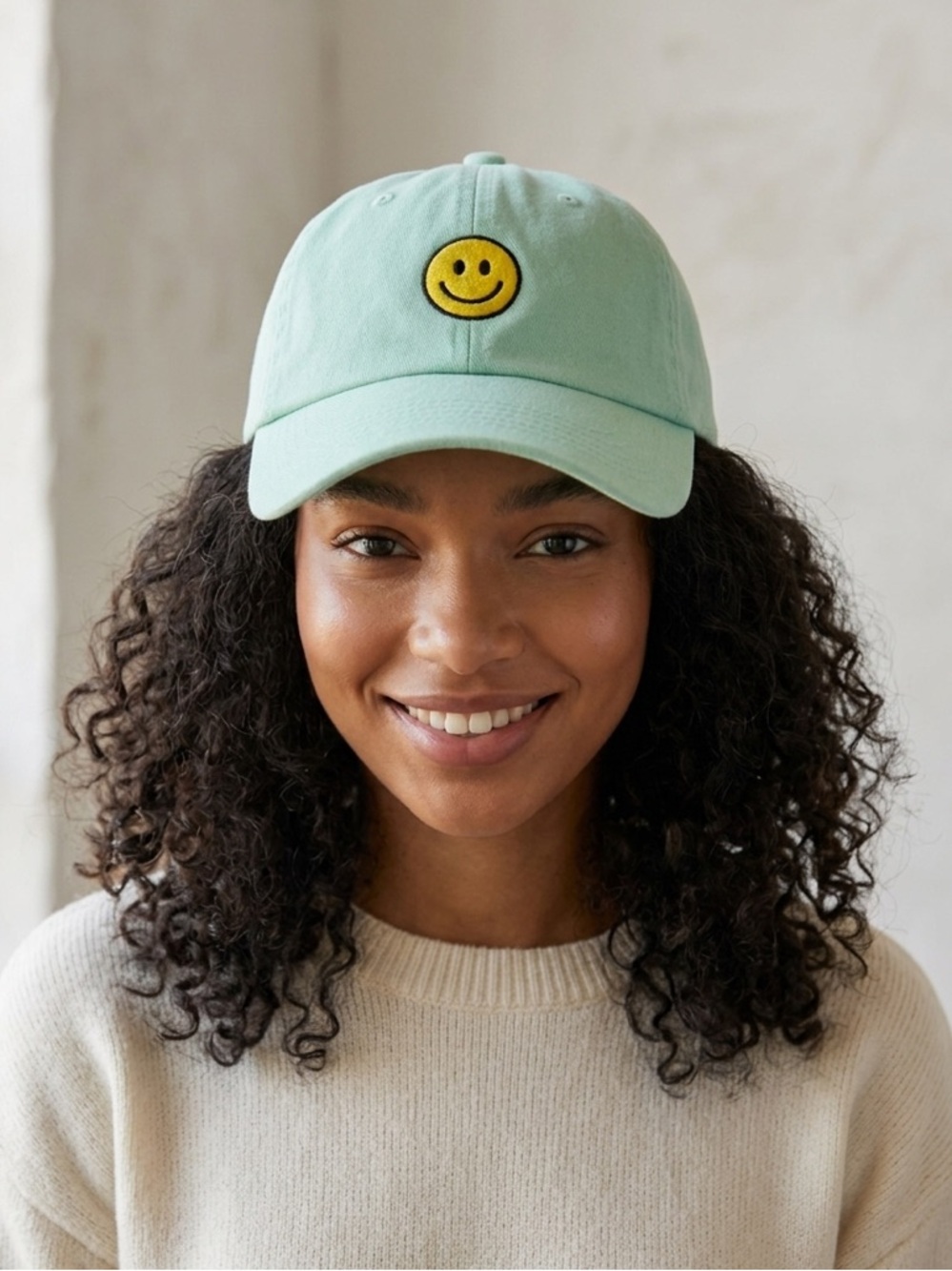 Smiley Face Hat Pastel Mint Dad Cap Minimal Embroidered Happy Aesthetic Cute